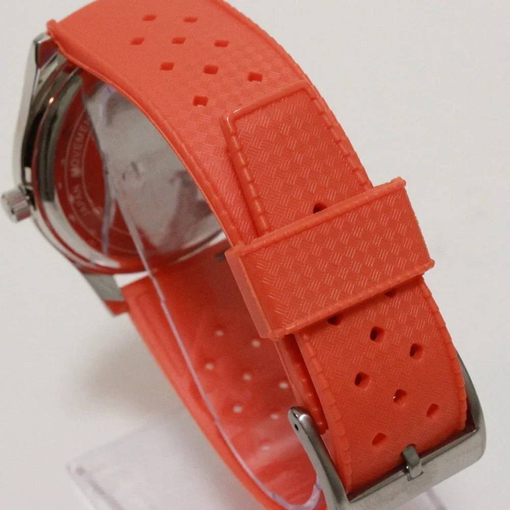 Men's Quartz Field Watch Silver Case Orange Tropical Rubber Strap 42mm